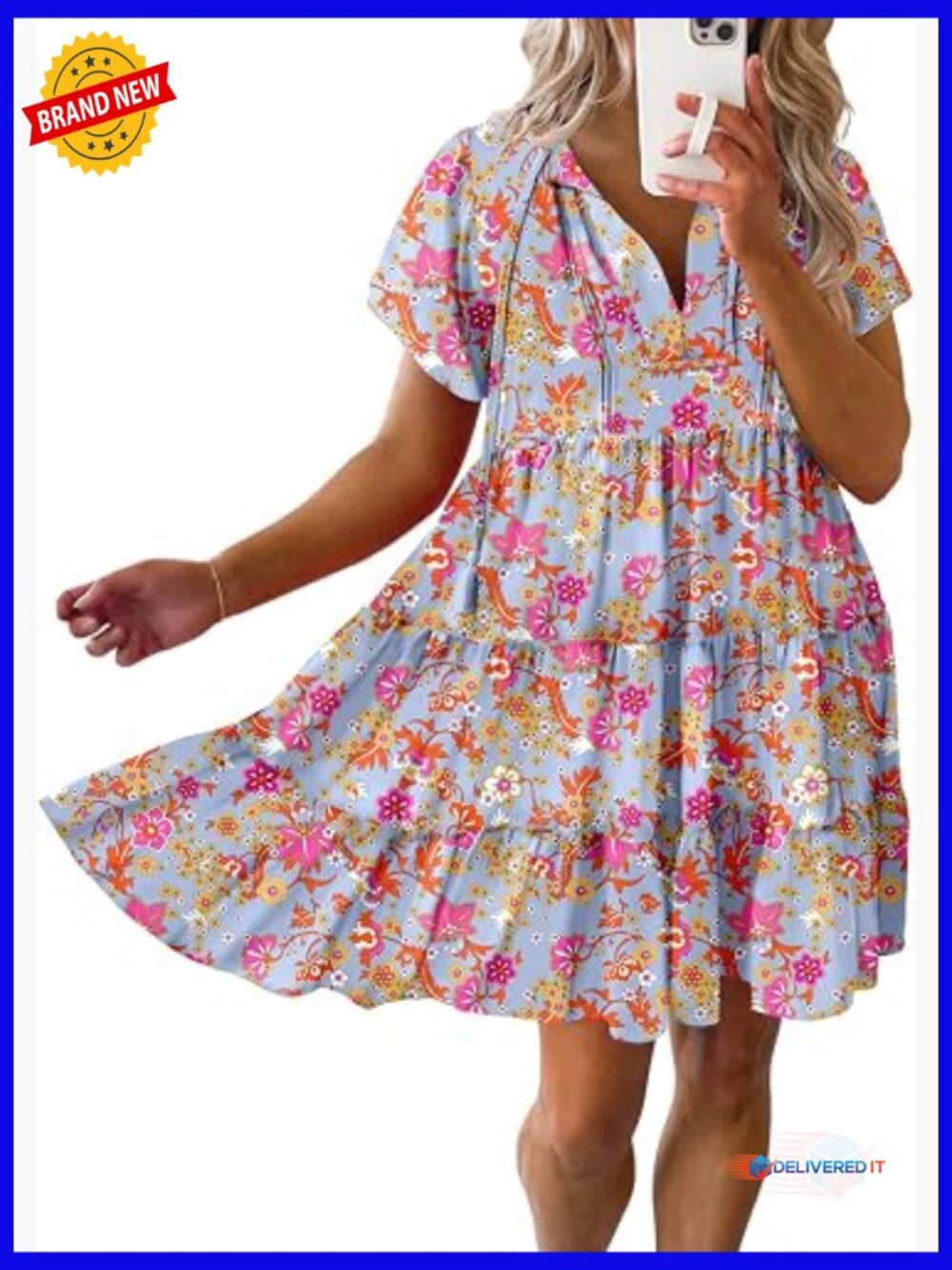 V Neck Short Sleeve Floral Swing A-Line Mini Dress Flowy Boho Sundress